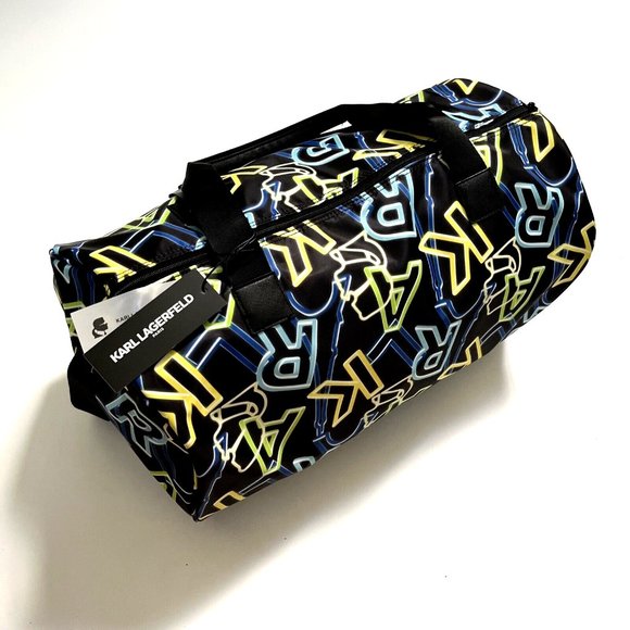 NWT Karl Lagerfeld Neon Logo Duffle Gym Bag Weekender 19" Black Travel Tote $150 - Picture 4 of 7